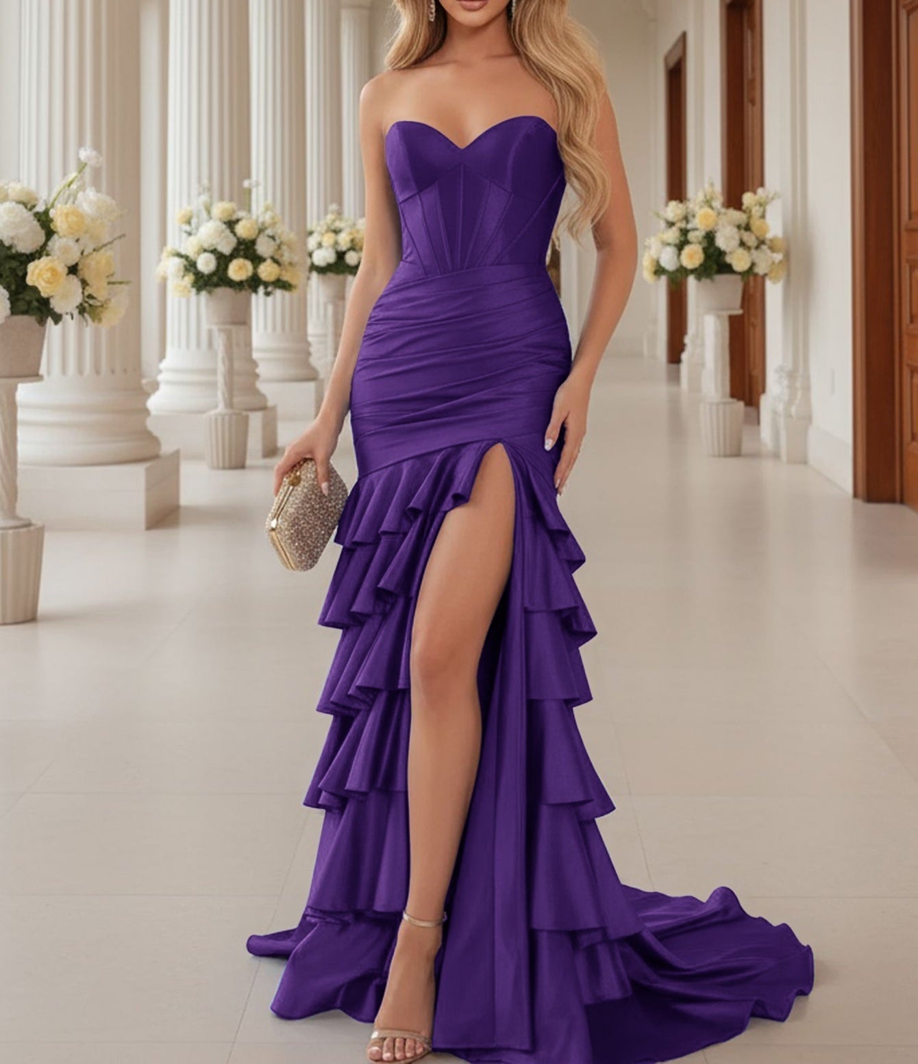 Boned Bodice Strapless Mermaid Prom Dress With Ruffle - Purple