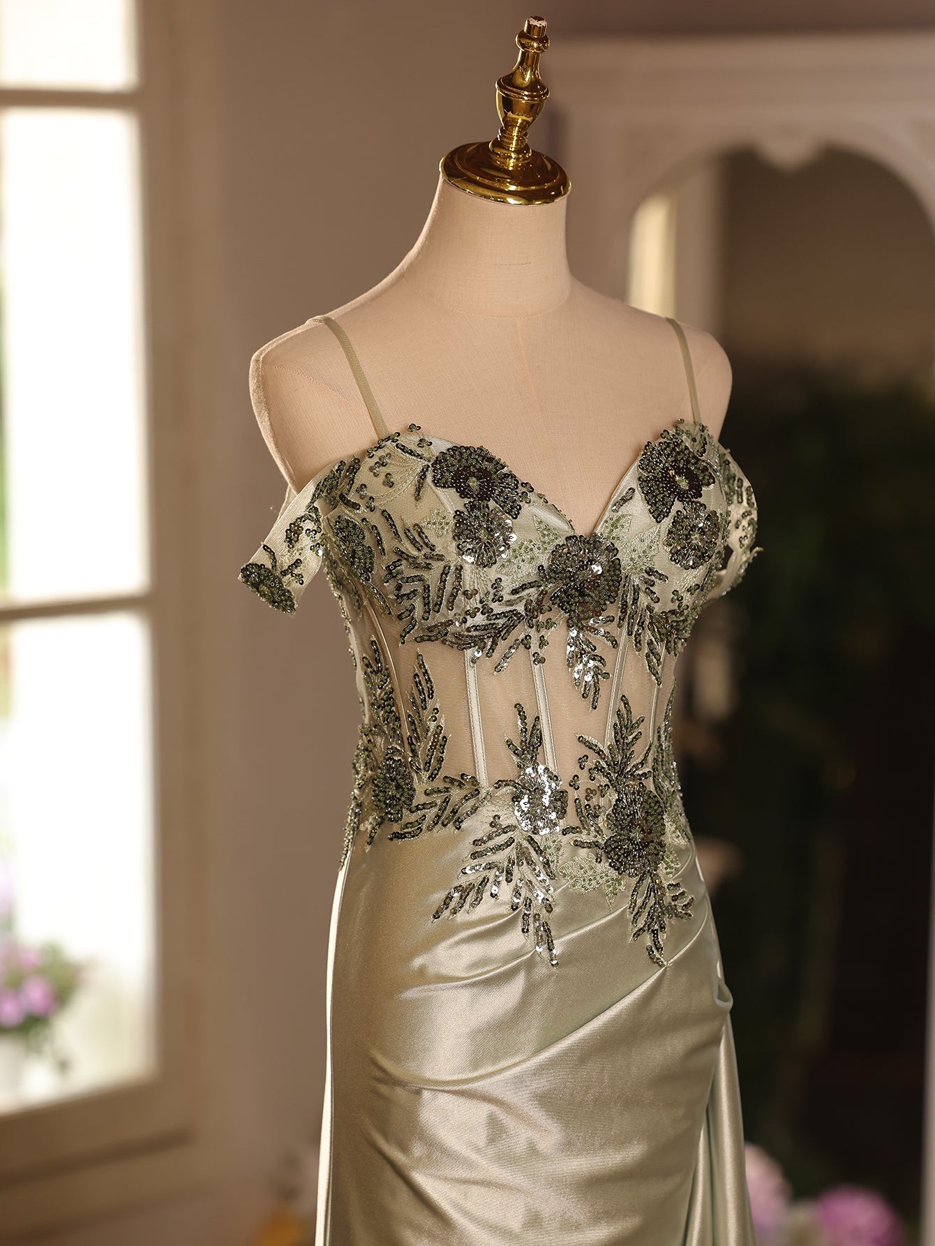 Off Shoulder Sheer Bodice Mermaid Prom Dress With Boned - Sage Green