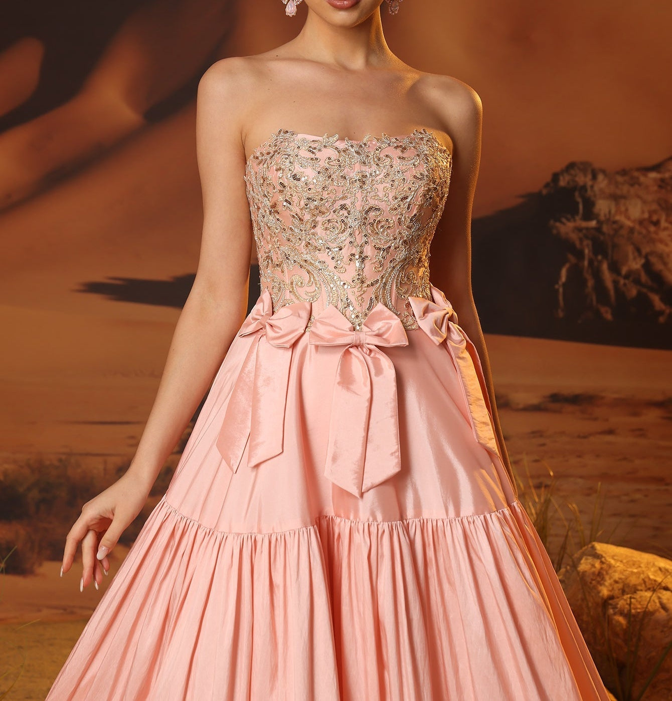 Bow Waist Strapless Lace Embroidery Bodice Ruffle Tiered Prom Dress - Dusty Rose