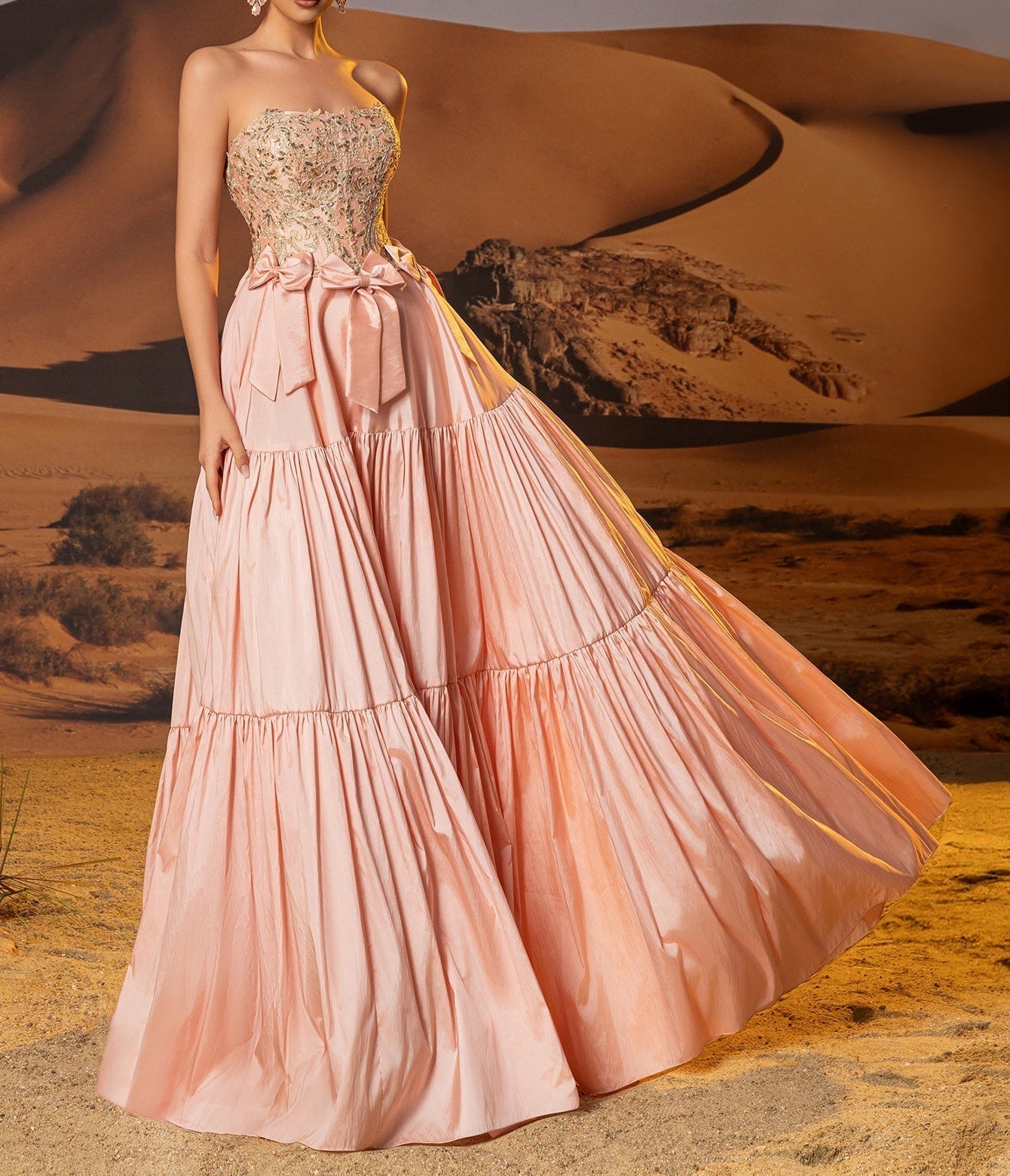 Bow Waist Strapless Lace Embroidery Bodice Ruffle Tiered Prom Dress - Dusty Rose