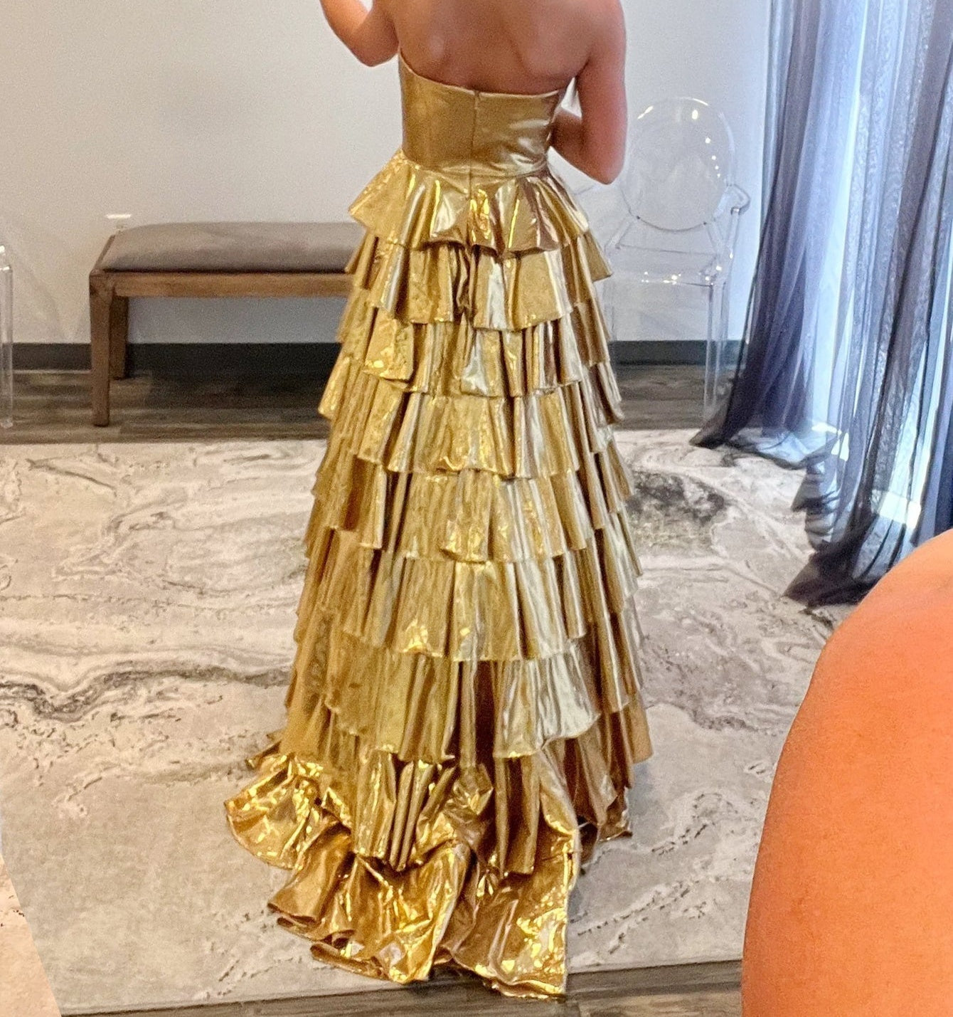 Ruffle Strapless Sparkly Ball Gown Prom Dress - Gold