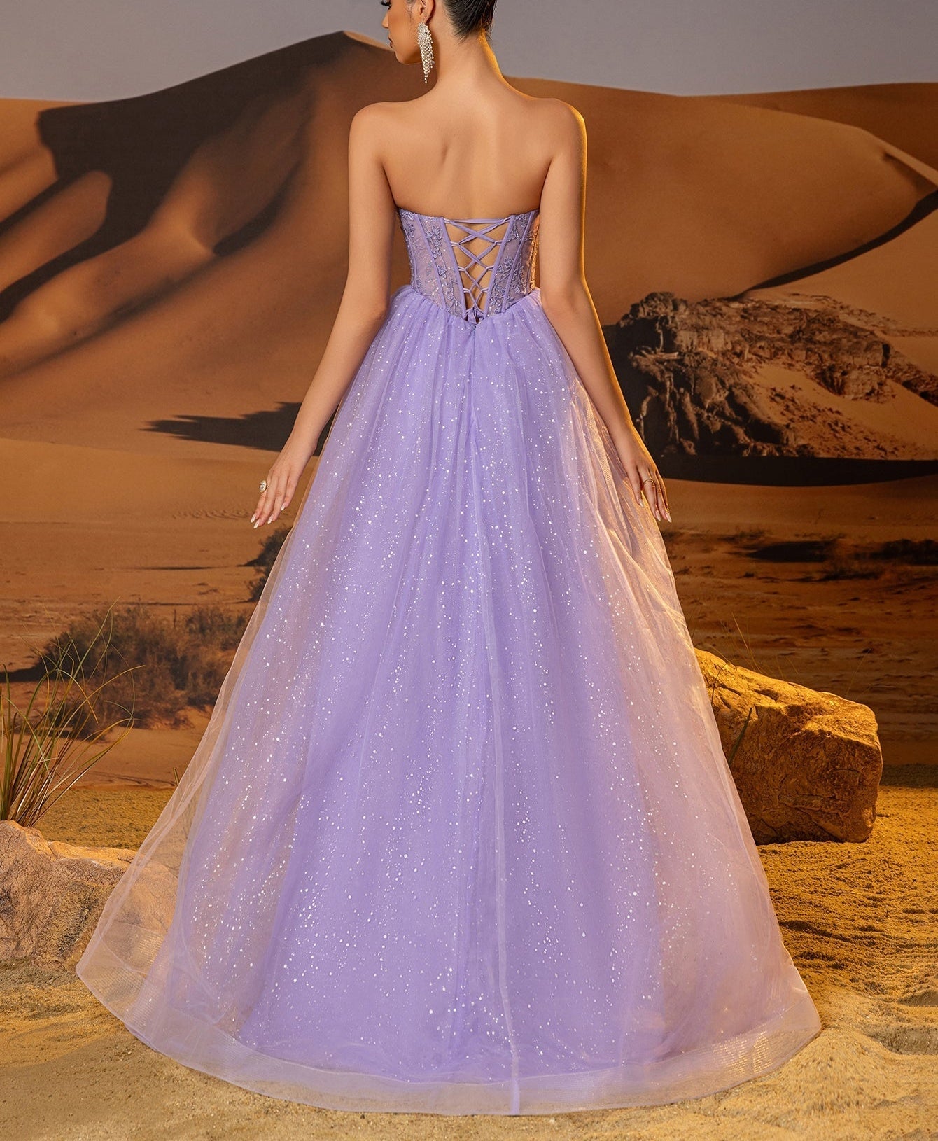 Sparkly Lace Boned Illusion Bodice Prom Dress - Lilac