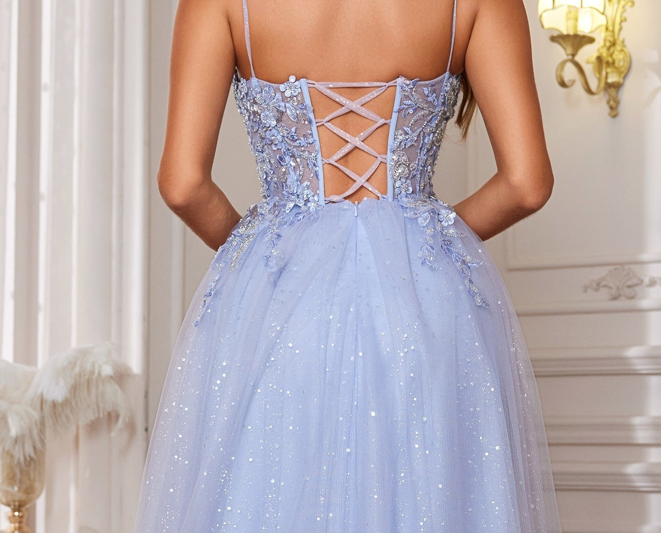 Lace Embroidery Deep V-Neck Boned Illusion Long Prom Dress - Baby Blue