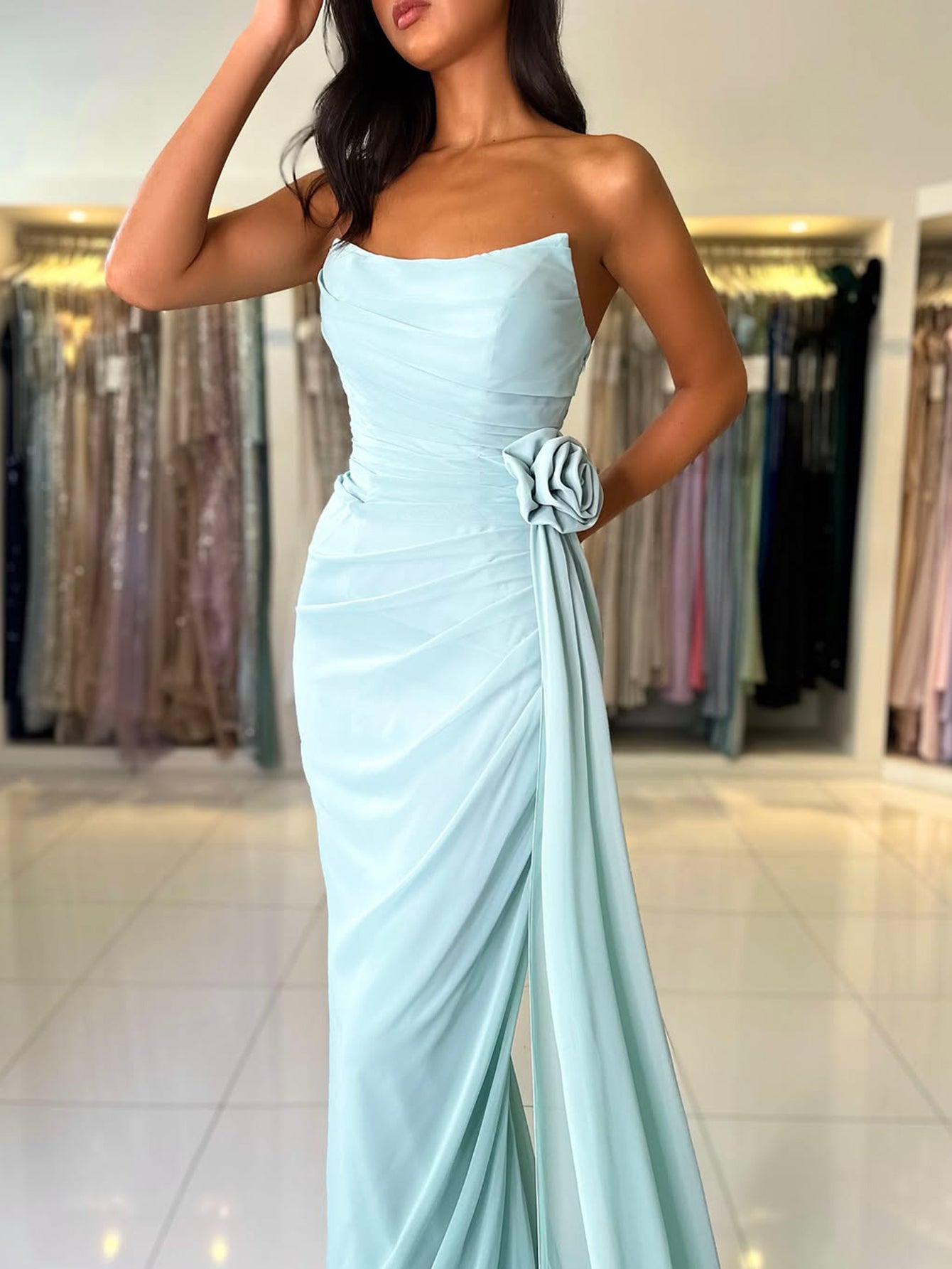 Strapless Hand Made Flower Prom Dress With Waist Drop - Baby Blue
