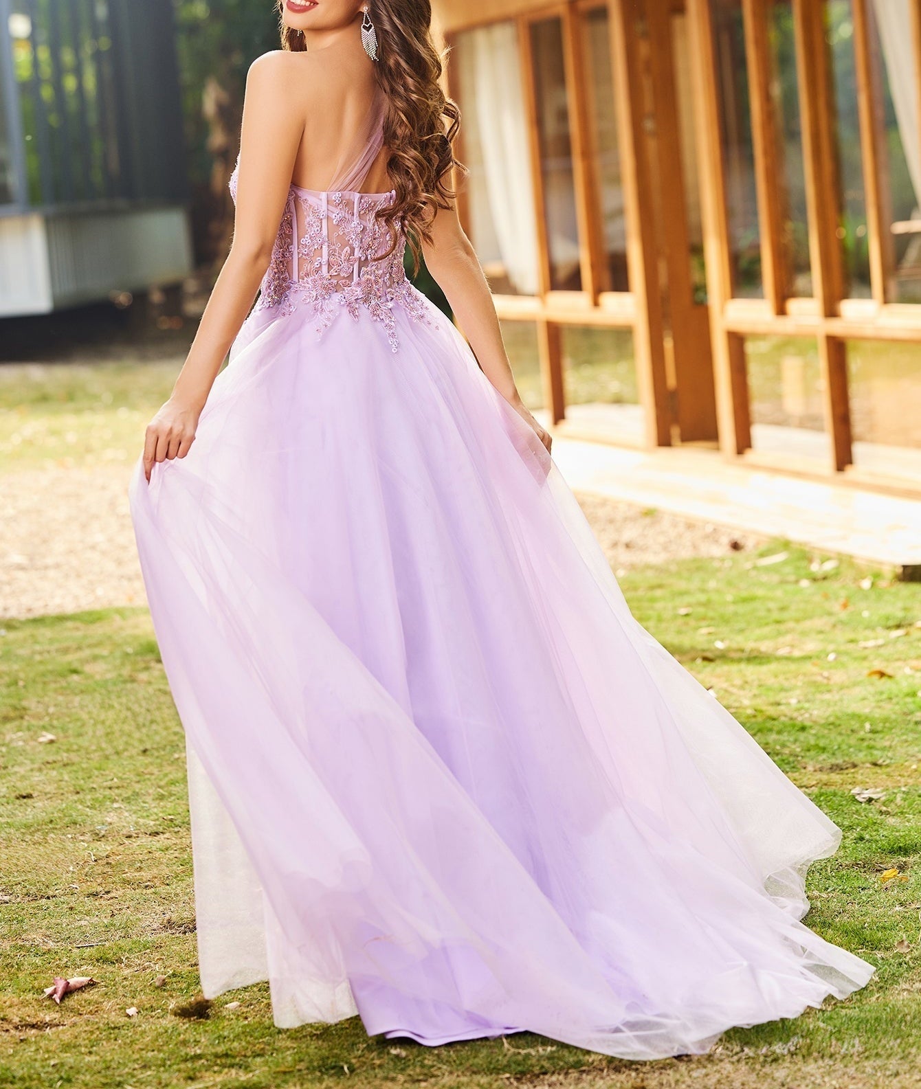 One Shoulder Illusion Bodice Boned Lace Embroidery Ball Gown Prom Dress - Lilac