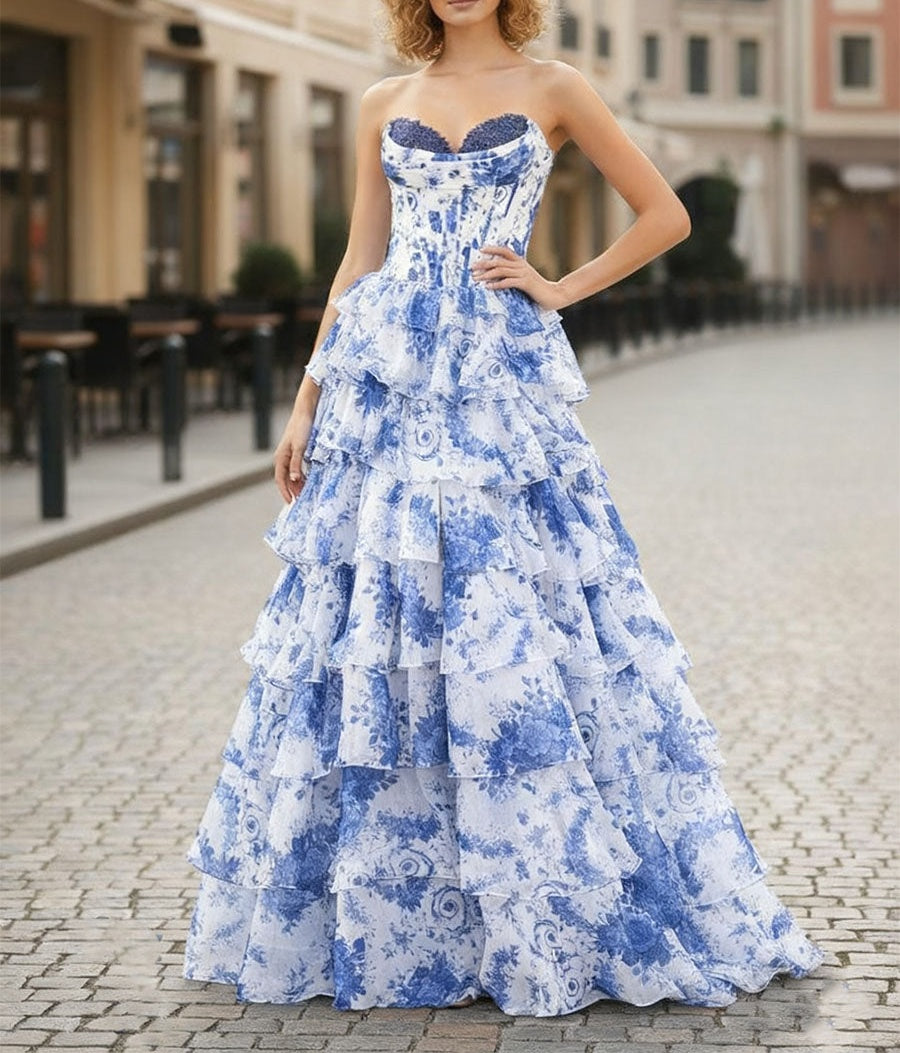 Blue Floral Strapless Chiffon Ruffle Corset Prom Dress with Slit