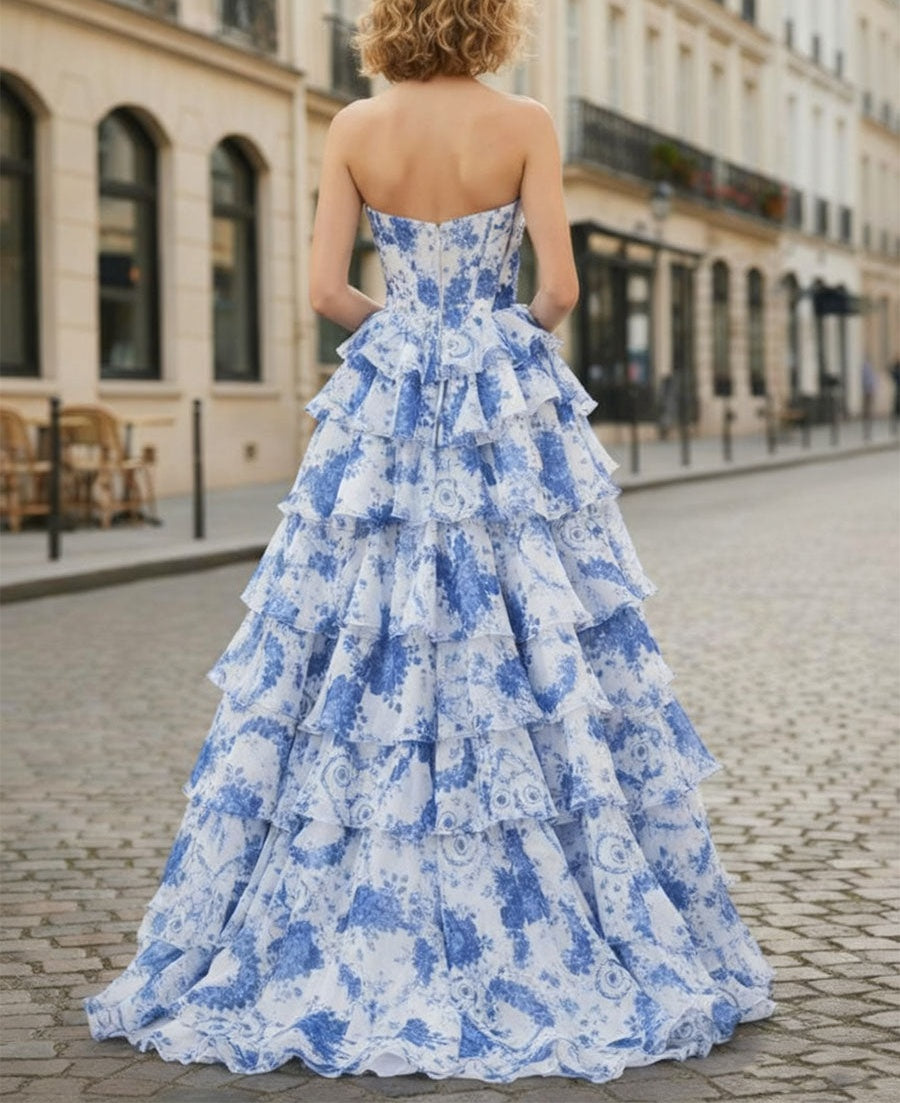 Blue Floral Strapless Chiffon Ruffle Corset Prom Dress with Slit