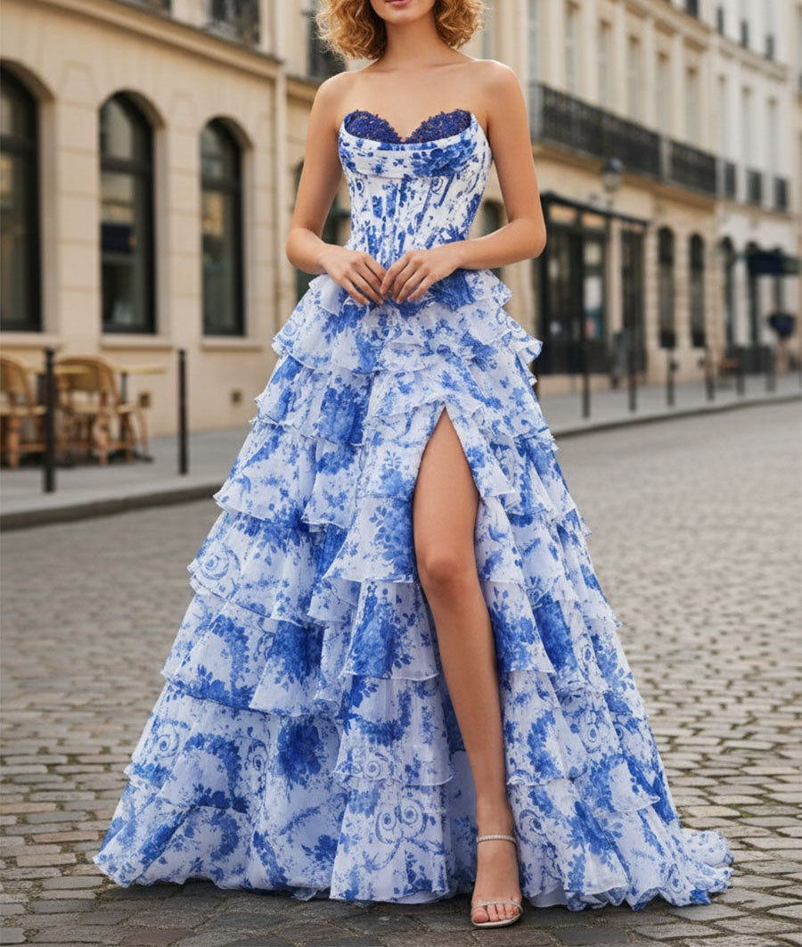 Blue Floral Strapless Chiffon Ruffle Corset Prom Dress with Slit