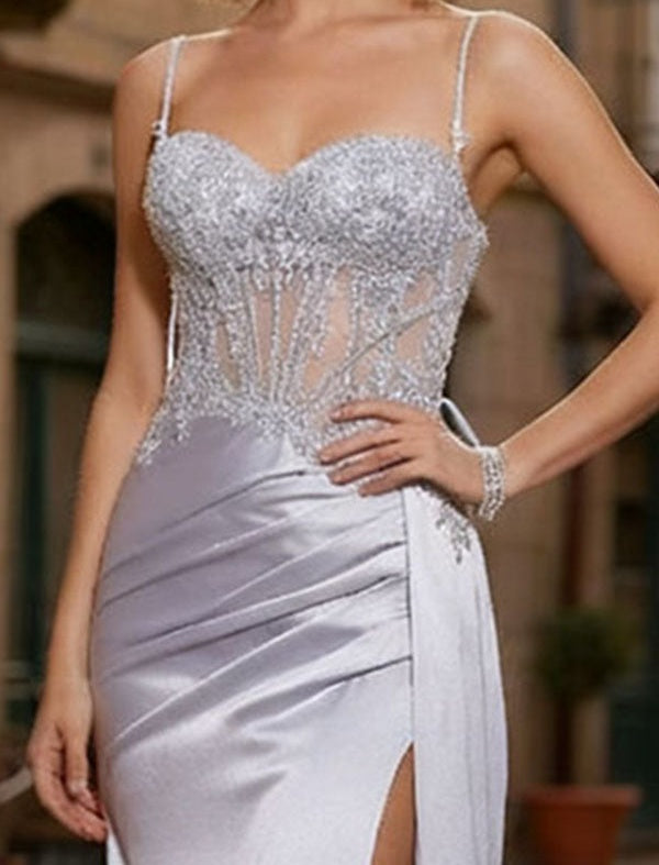 Sheath Spaghetti Straps Appliques Lace Satin Corset Prom Dress with Slit