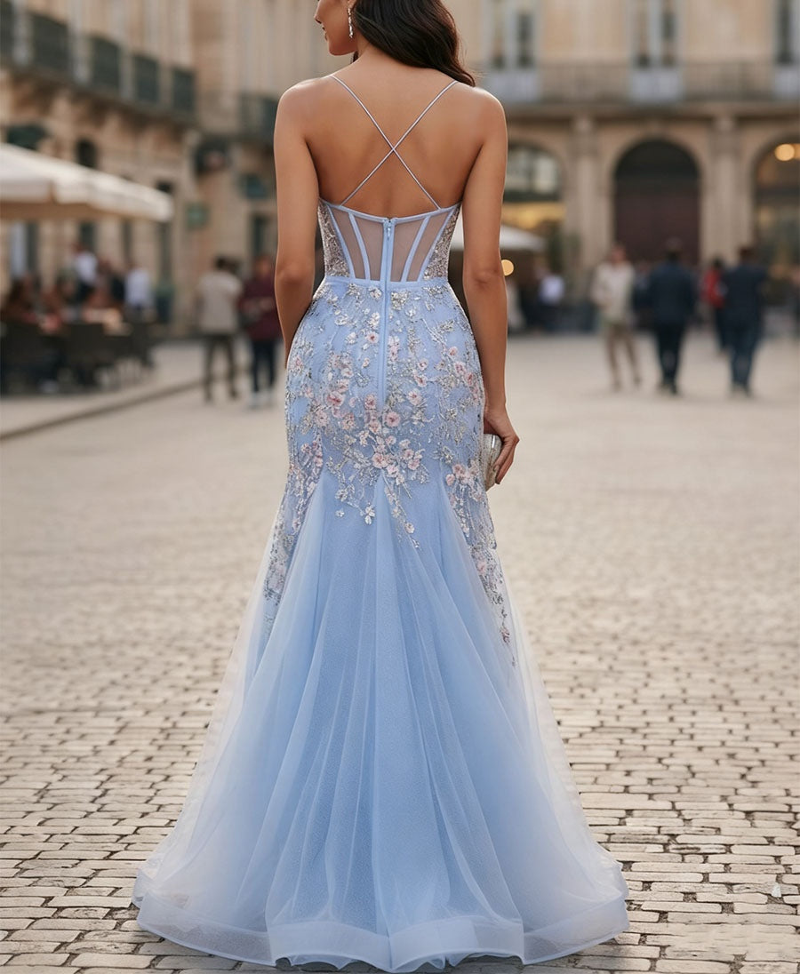 Sweetheart Tulle Mermaid Prom Dress with Sequin Floral Embroidery