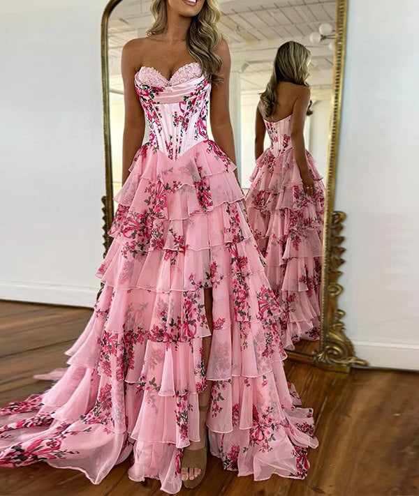 Pink A-Line Strapless Sweetheart Print Tiered Tulle Long Prom Dress with Slit