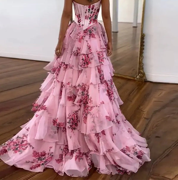 Pink A-Line Strapless Sweetheart Print Tiered Tulle Long Prom Dress with Slit