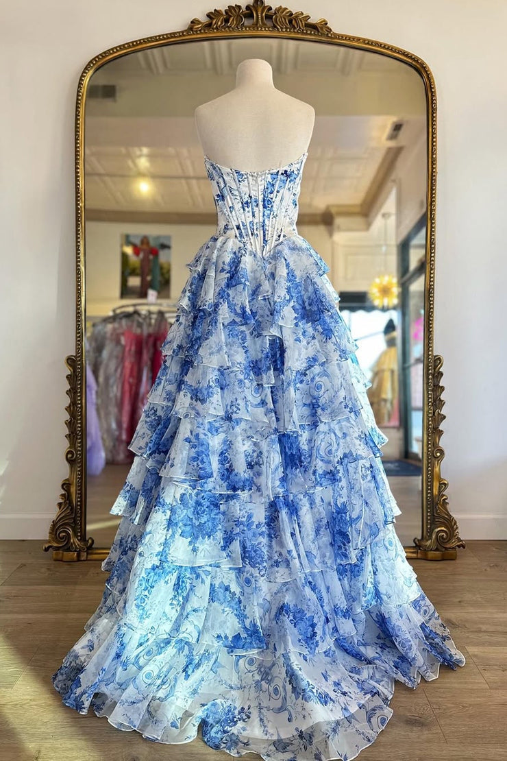 Pink A-Line Strapless Sweetheart Print Tiered Tulle Long Prom Dress with Slit