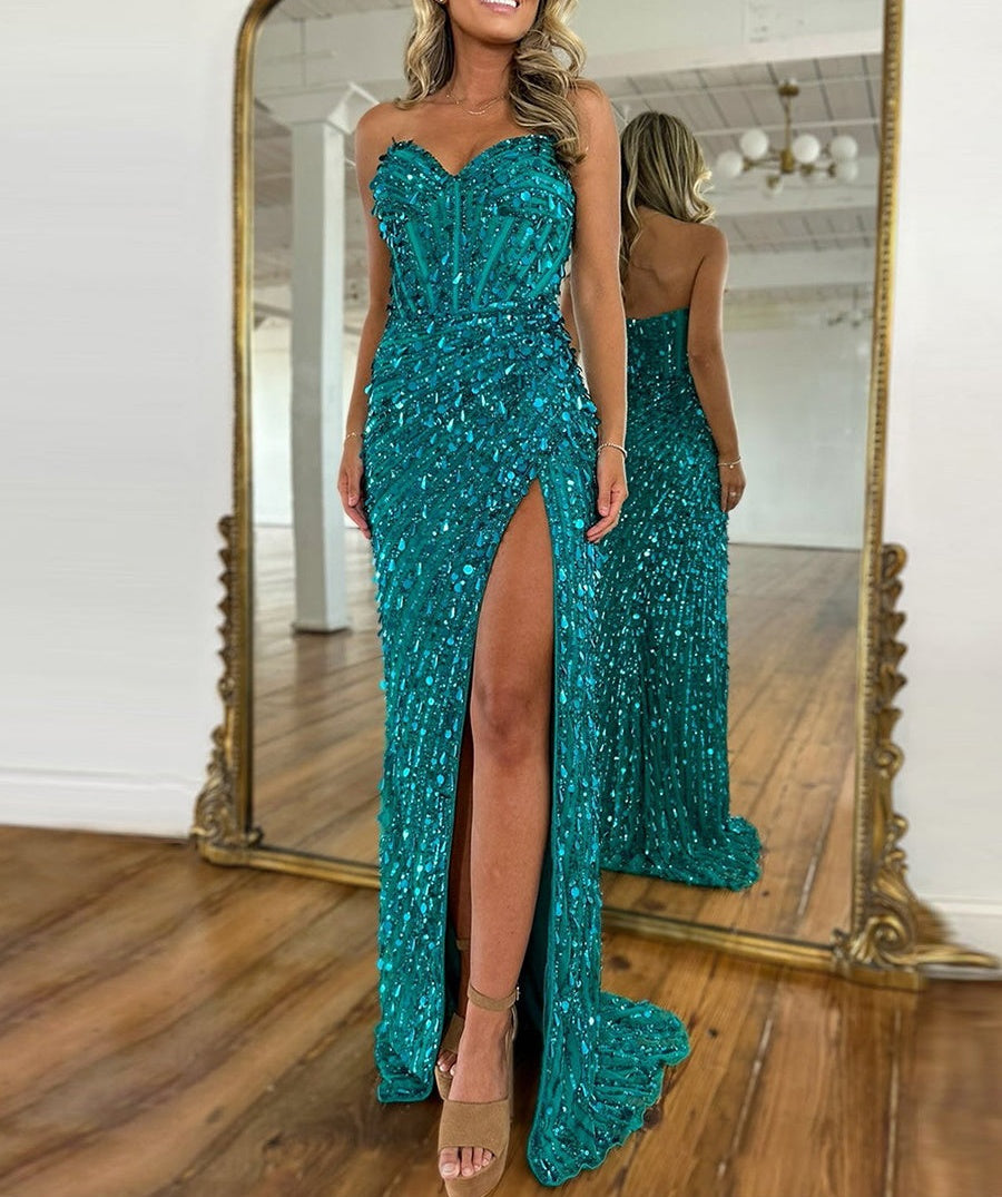 Sweetheart Mermaid Sequins Long Prom Dress with Slit