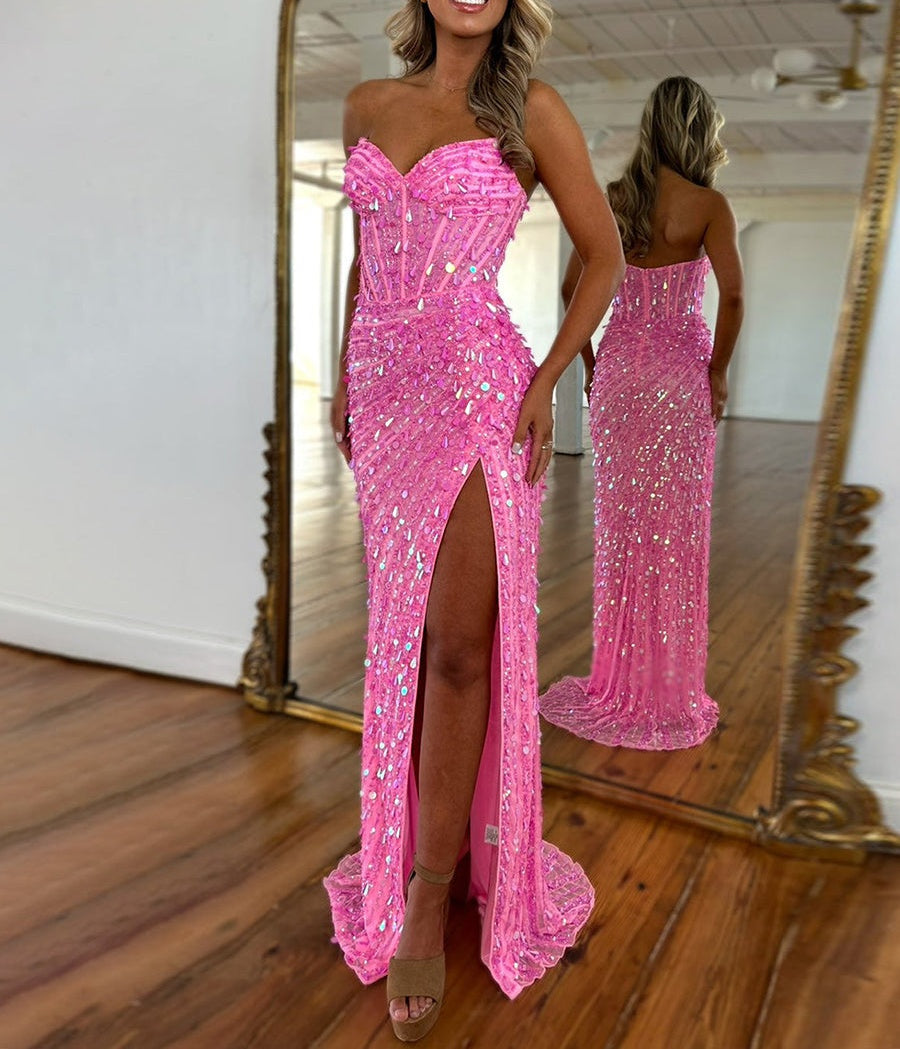 Sweetheart Mermaid Sequins Long Prom Dress with Slit