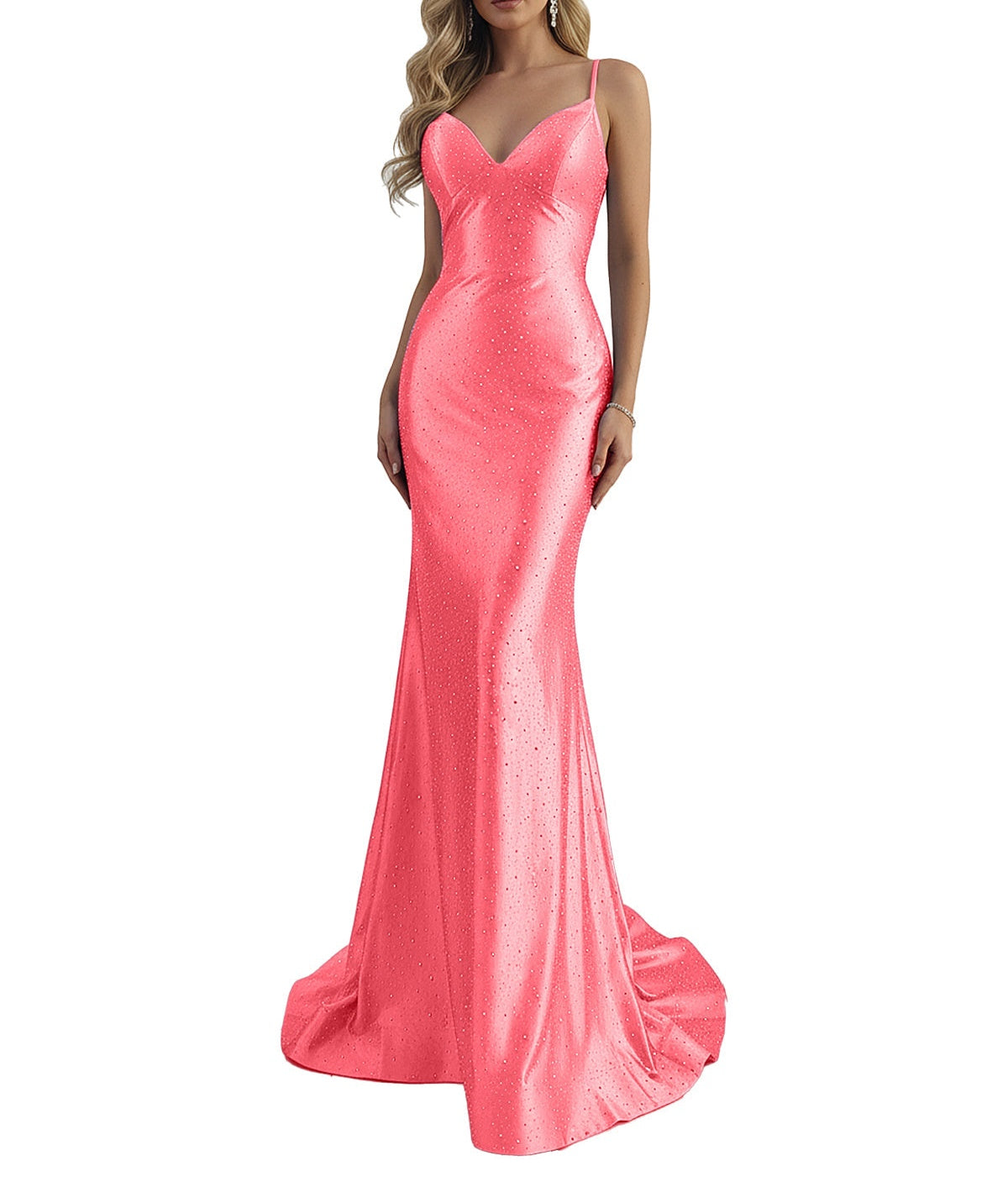 Blue Mermaid Spaghetti Straps V-Neck Rhinestone Long Prom Dress