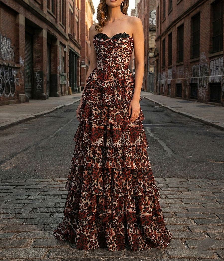 Leopard Print Strapless A-Line Tiered Ruffles Prom Dress with Lace Trim
