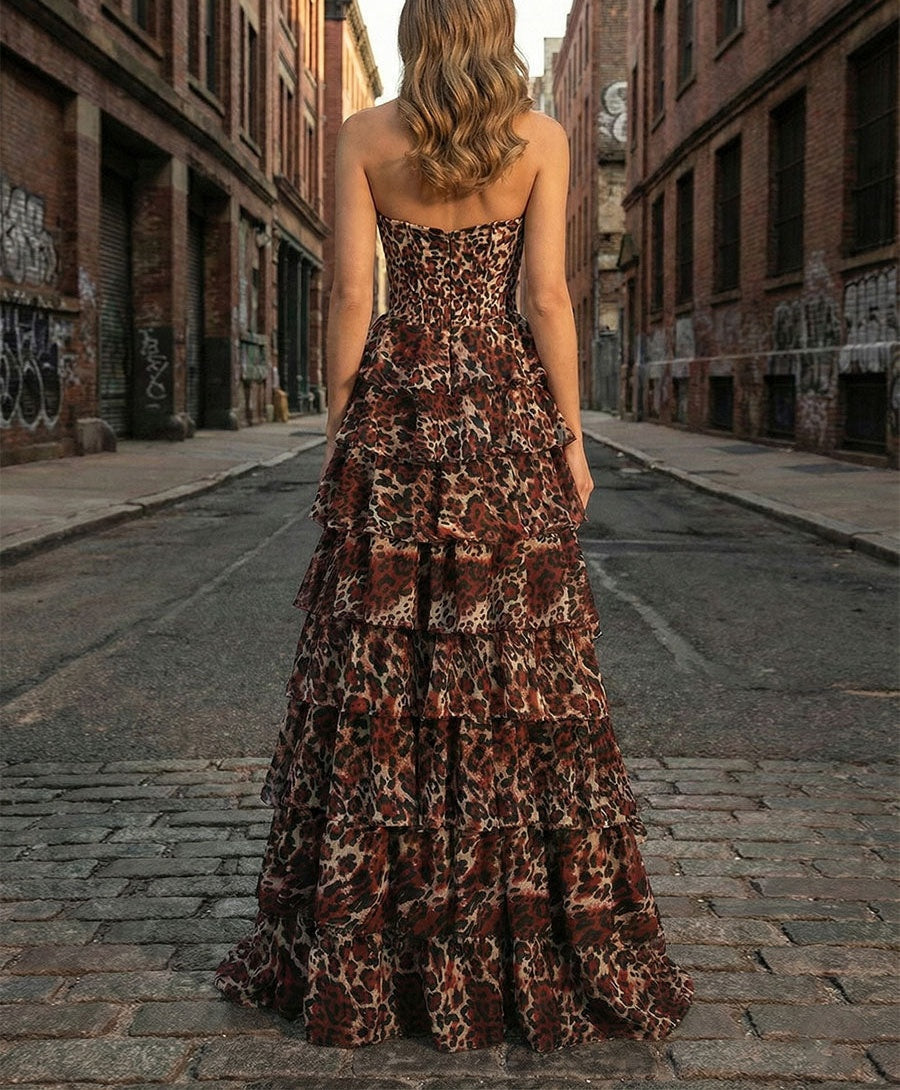 Leopard Print Strapless A-Line Tiered Ruffles Prom Dress with Lace Trim