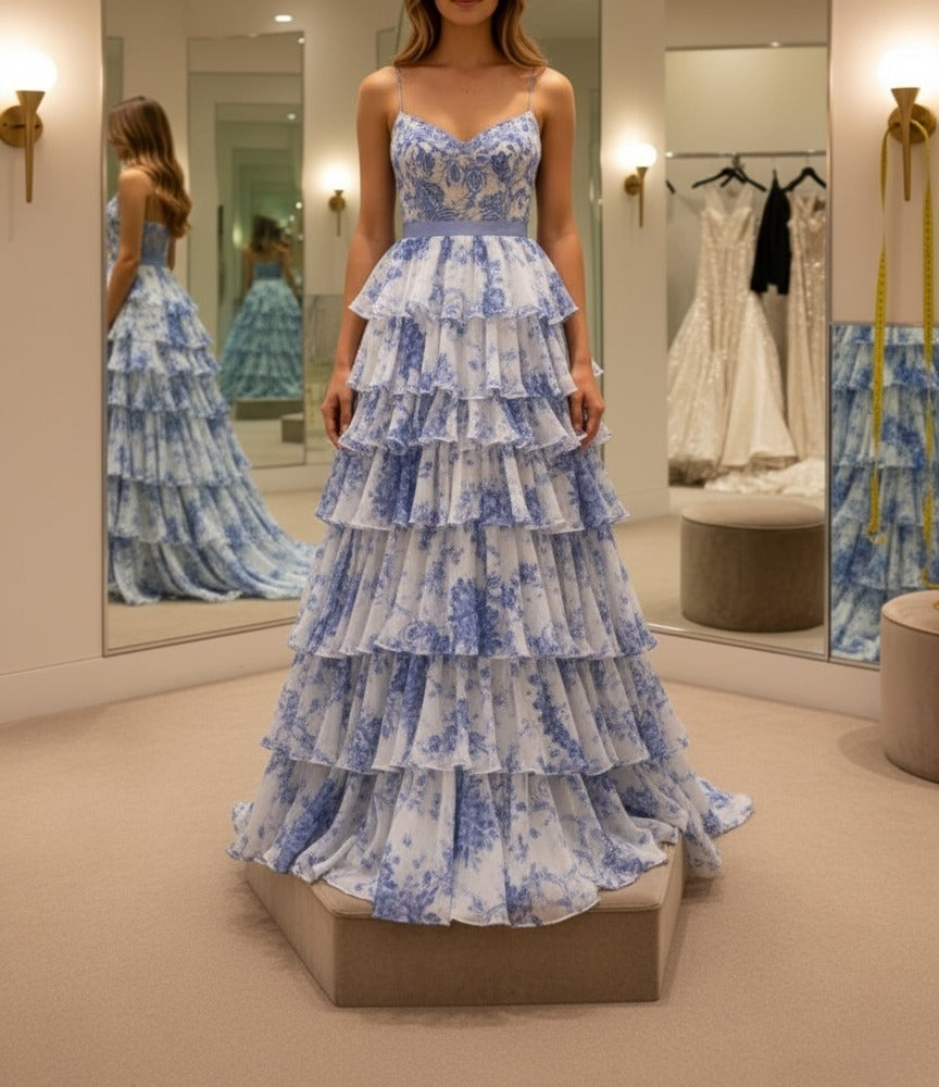 Blue Floral Spaghetti Straps Print Tiered A-Line Prom Dress