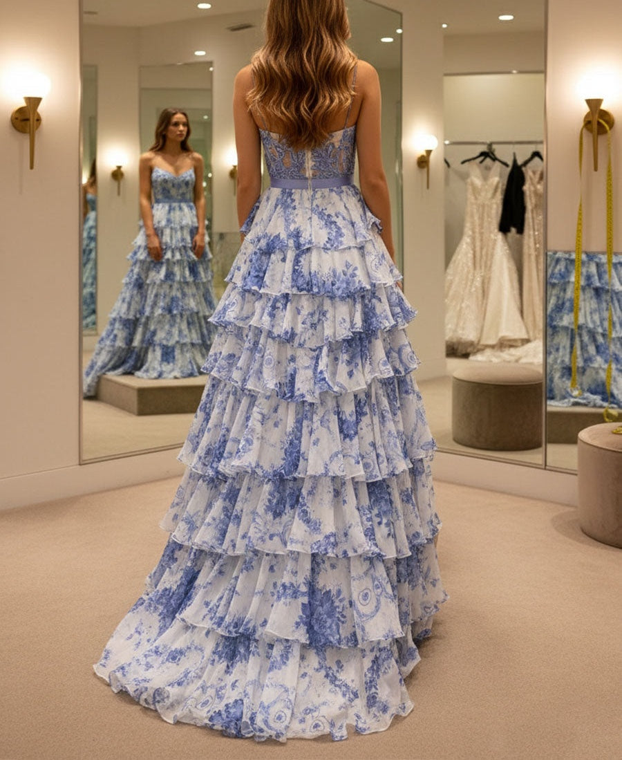 Blue Floral Spaghetti Straps Print Tiered A-Line Prom Dress