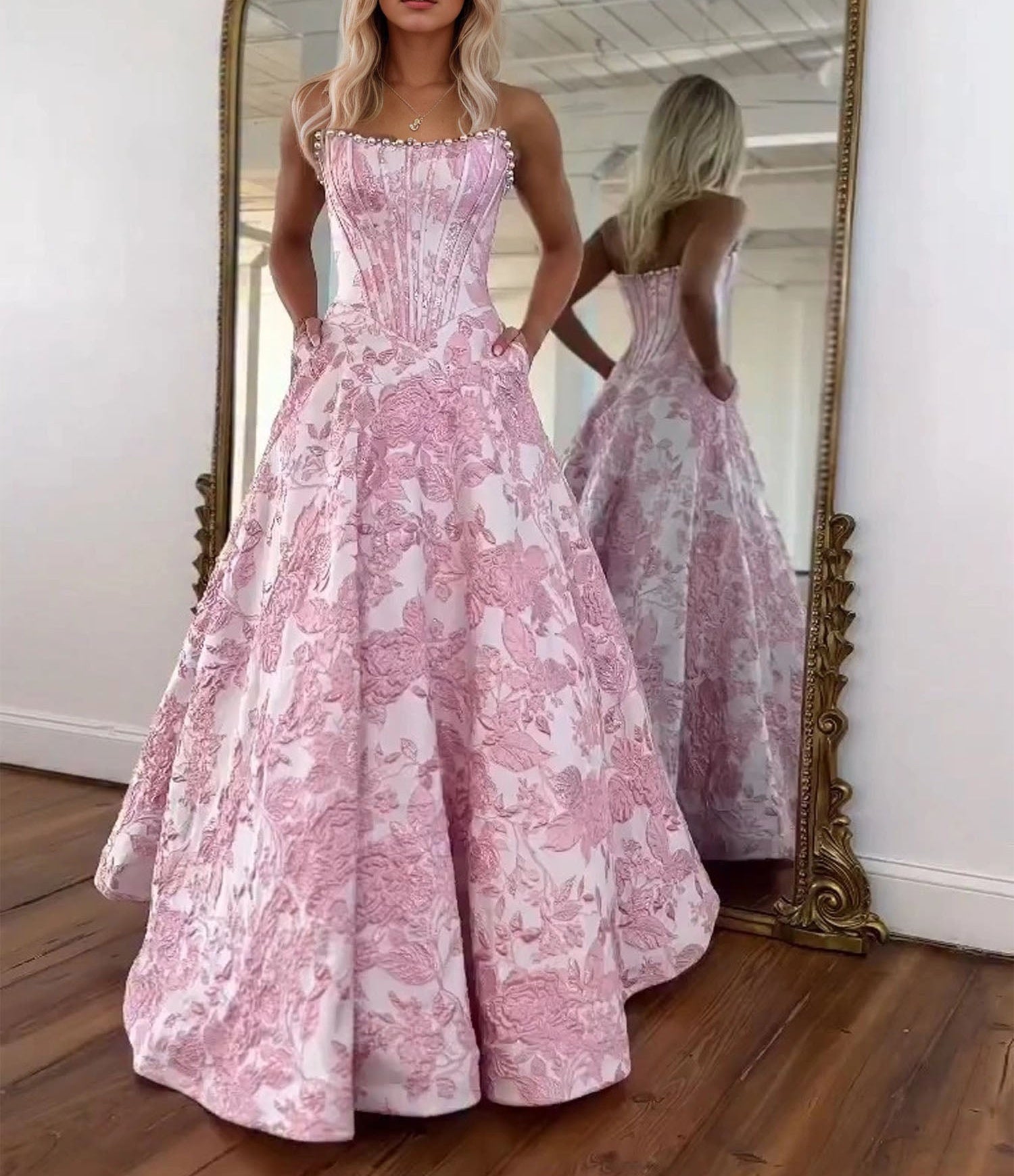 Prom Dresses 3D Floral Strapless Evening Party Dresses with Bead