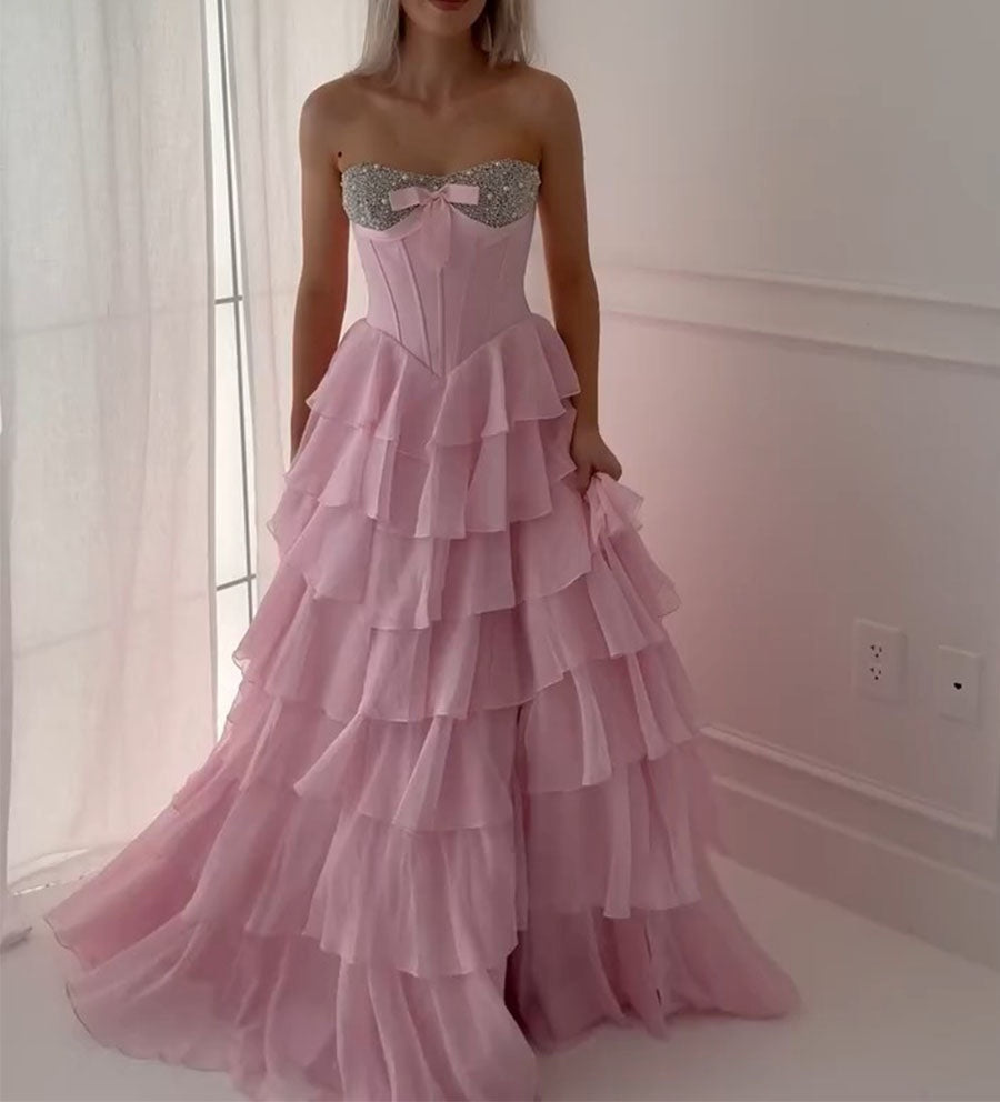 A Line Sweetheart Tiered Chiffon Long Prom Dress with Beading