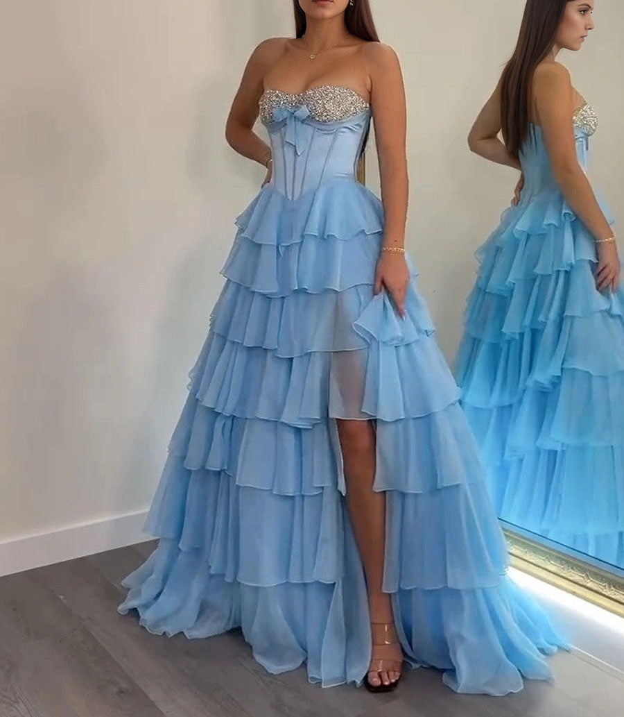 A Line Sweetheart Tiered Chiffon Long Prom Dress with Beading