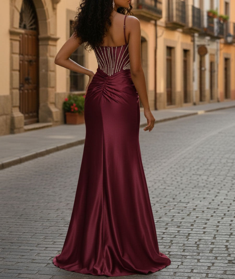 Glamorous Cascading Crystal Beaded Bodice Prom Dress with Slit