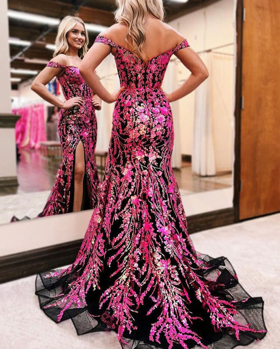 Off-the-Shoulder Sequin Lace Mermaid Long Porm Dress with Slit