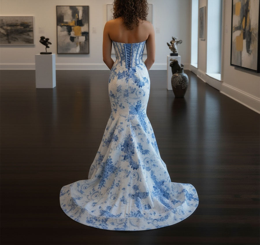 Blue Mermaid Strapless Sweetheart Floral Long Prom Dress