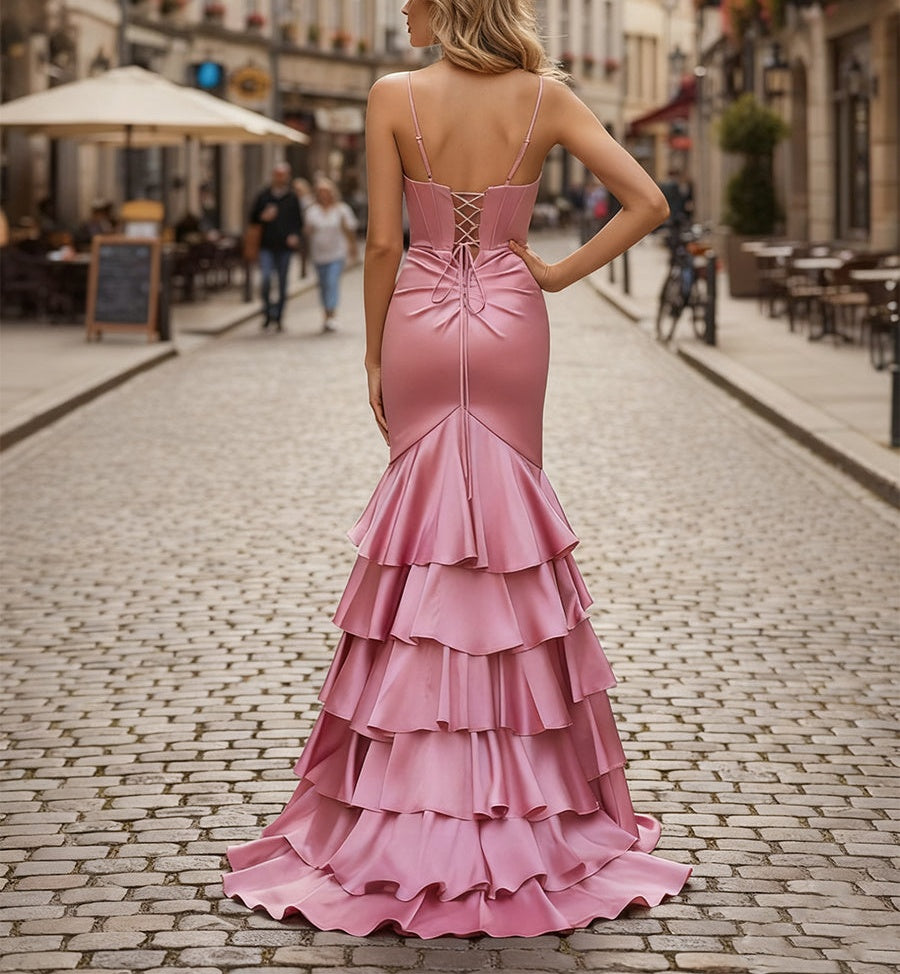 Mermaid V Neck Satin Fitted Ruffle Prom Dress with Slit