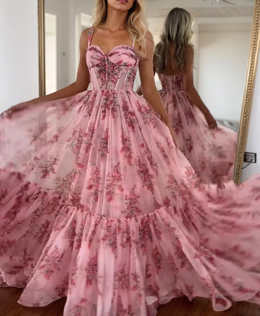 Pink Sweetheart A Line Floral Printed Chiffon Long Prom Dress With Bow