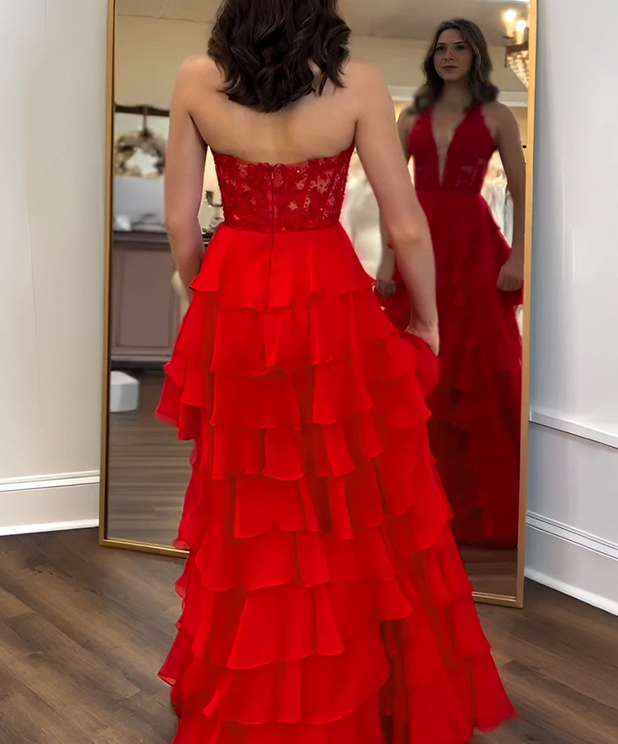 Halter Lace Appliques Chiffon Ruffle Prom Dress with Slit