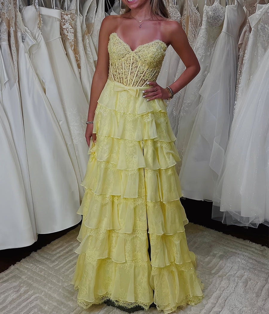 Tiered Yellow Lace Corset Bodice Prom Dress with High Slit