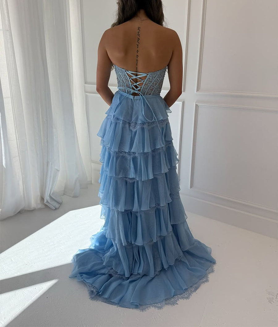 Tiered Yellow Lace Corset Bodice Prom Dress with High Slit