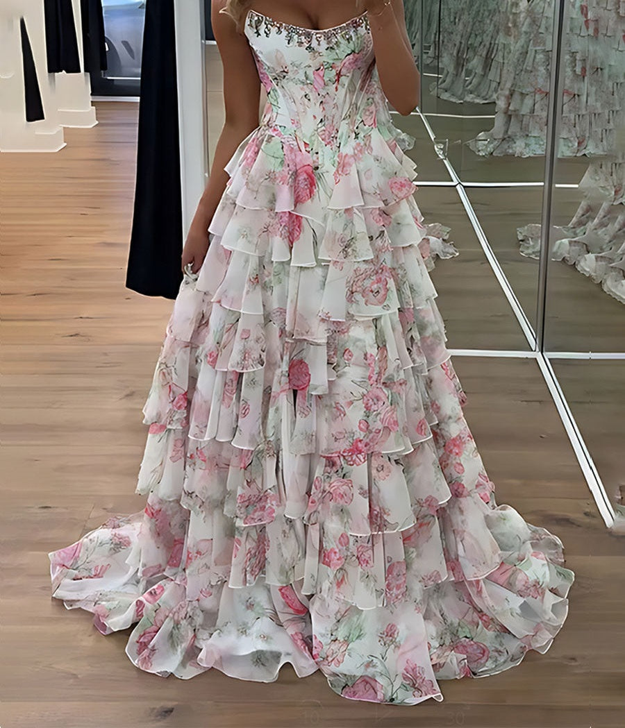 A-Line Strapless Print Ruffles Tiered Long Prom Dress