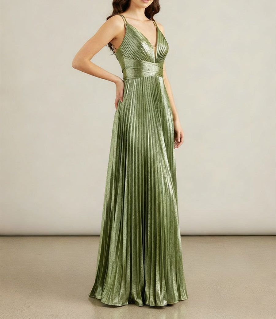 A Line V-Neck Long Prom Dresses with Pleated