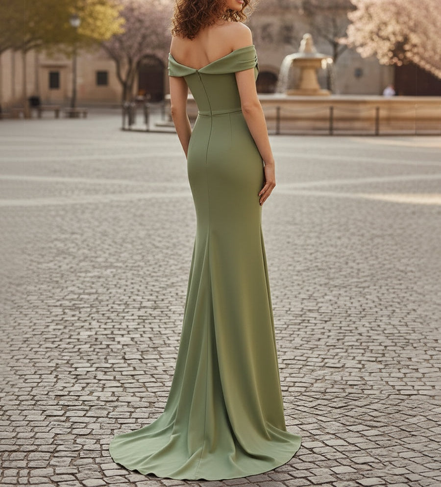 Off The Shoulder Draped Neck Long Fishtail Prom Dress with Wide Hem