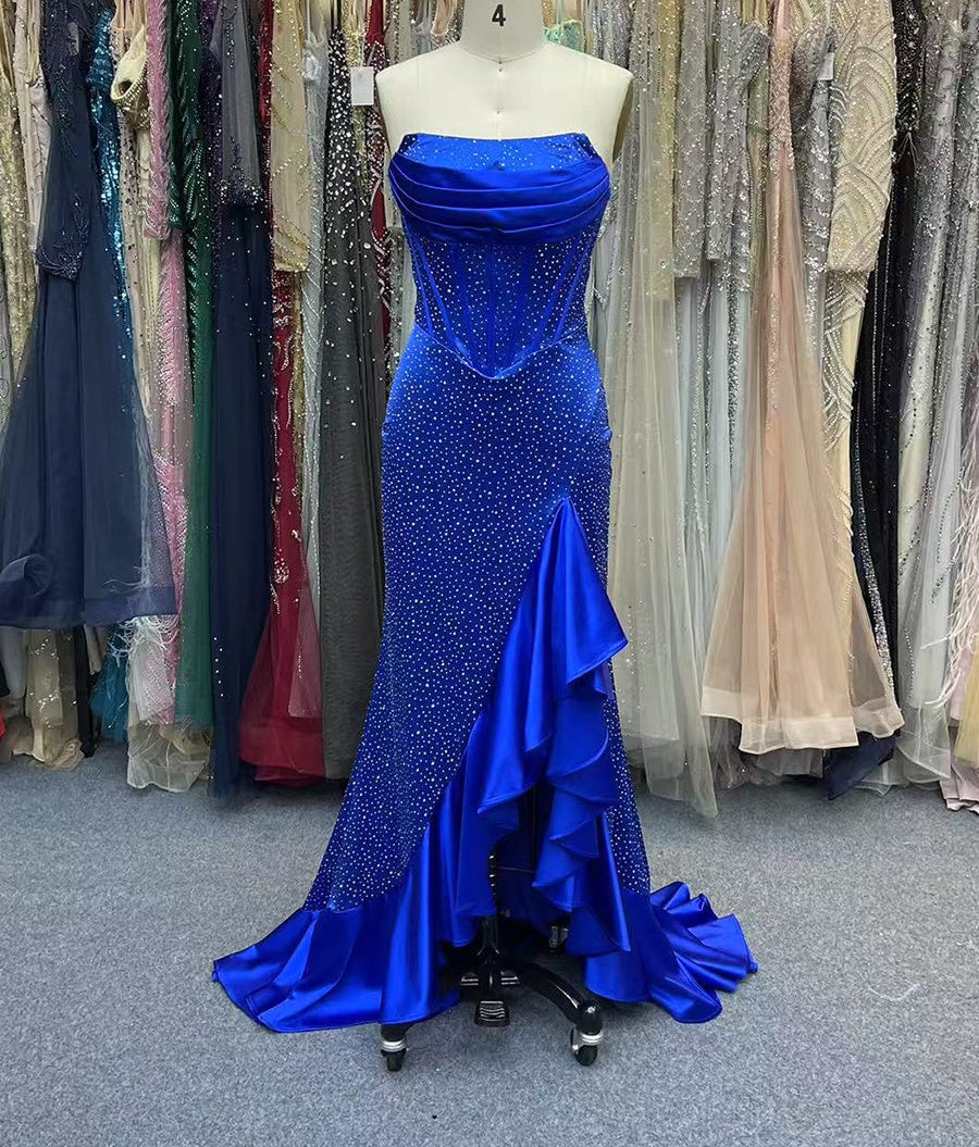 Mermaid Strapless Corset Bodice Long Prom Dress with Ruffle Slit
