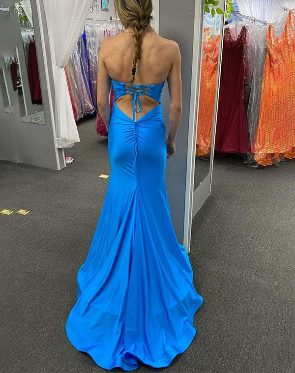 Teal Mermaid Strapless Fitted Long Prom Party Dress with Slit