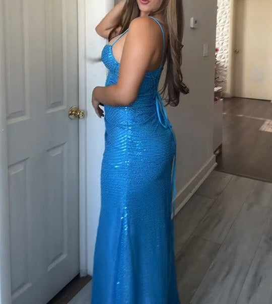 Sparkly Red Mermaid Spaghetti Straps Long Prom Dresses with Slit