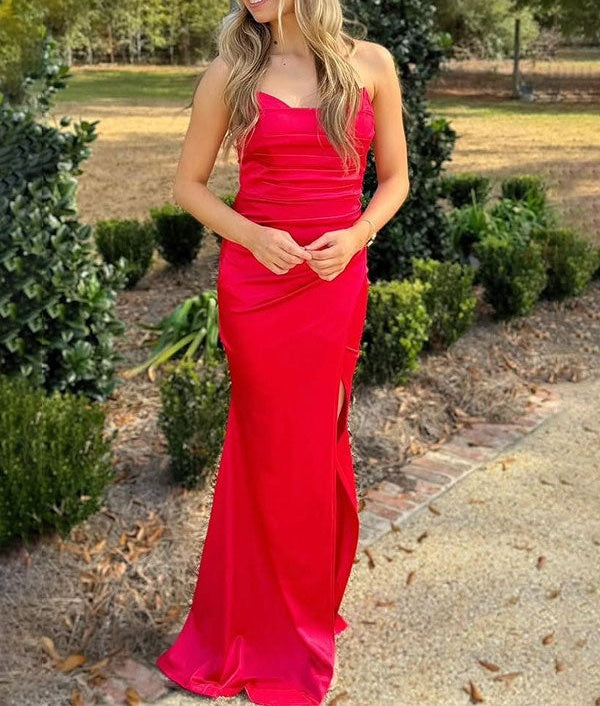 Black Mermaid Strapless V-Neck Satin Pleated Long Prom Dress with Slit