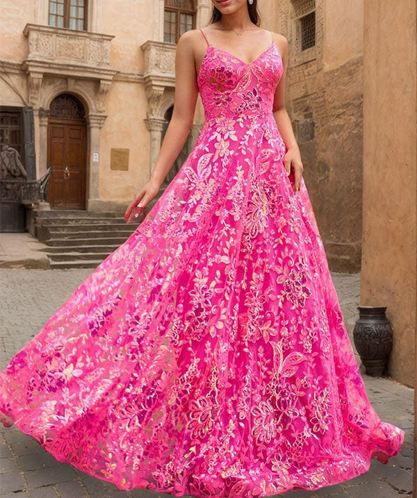 Sparkly Fuchsia A Line Floral Corset V-Neck Sequin Prom Dress