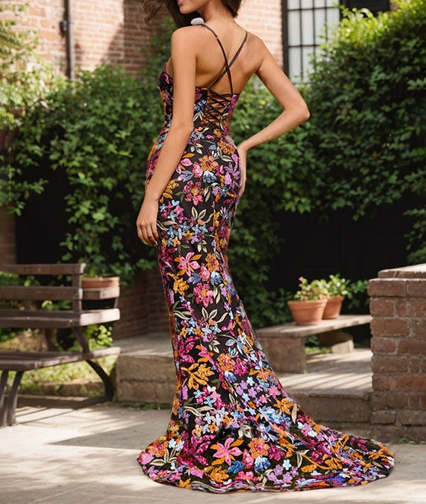Black Floral Mermaid V-Neck Corset Long Prom Dress With Sequins Slit