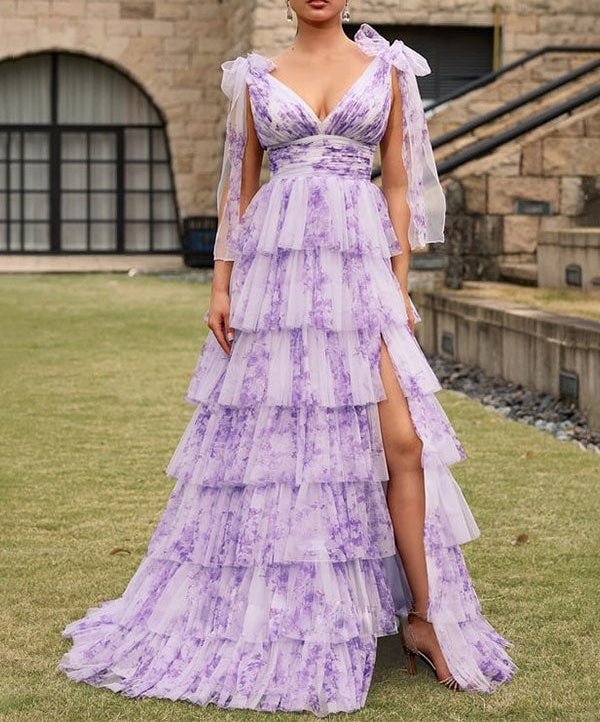 Purple Floral A Line V Neck Long Pleated Prom Dress With Slit