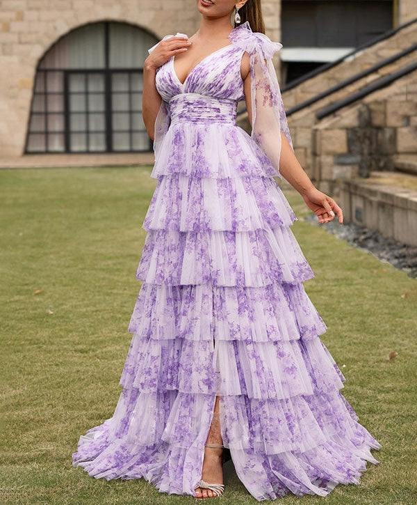 Purple Floral A Line V Neck Long Pleated Prom Dress With Slit