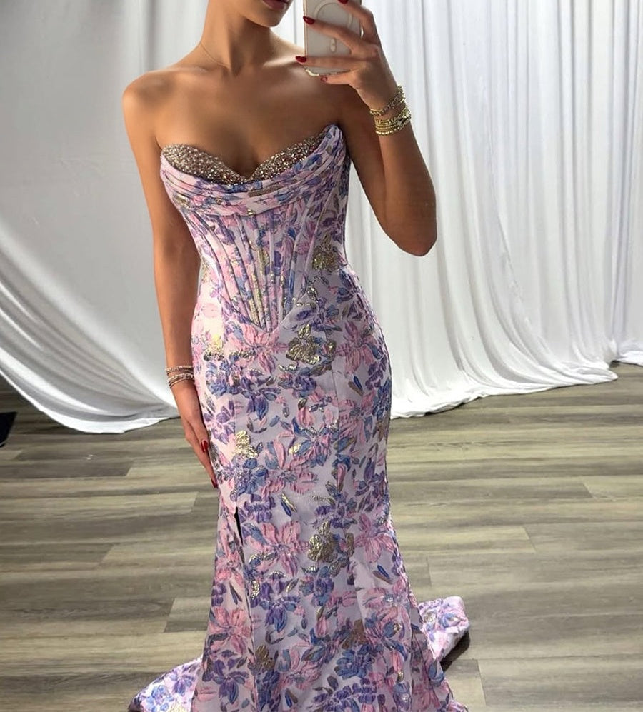 Glamorous Lilac Floral Embroidered Corset Long Prom Dress