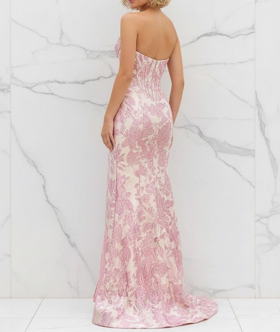 Glamorous Pink Floral Jacquard Corset Prom Dress with Beaded Bustier