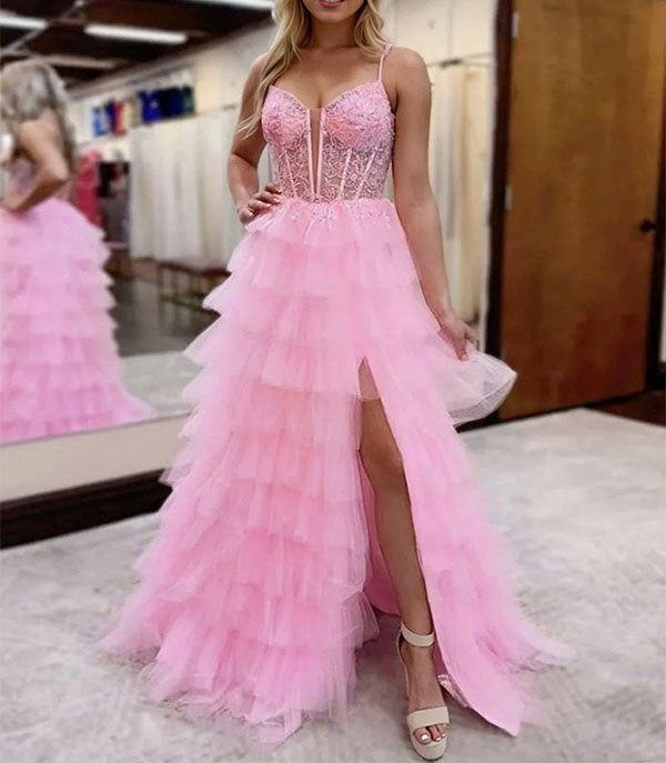 Pink Tulle Tiered Corset Long Prom Dress with Slit