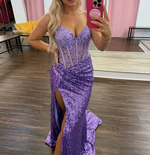 Glamorous Lilac Strapless Sequin Corset Prom Dress with High Slit
